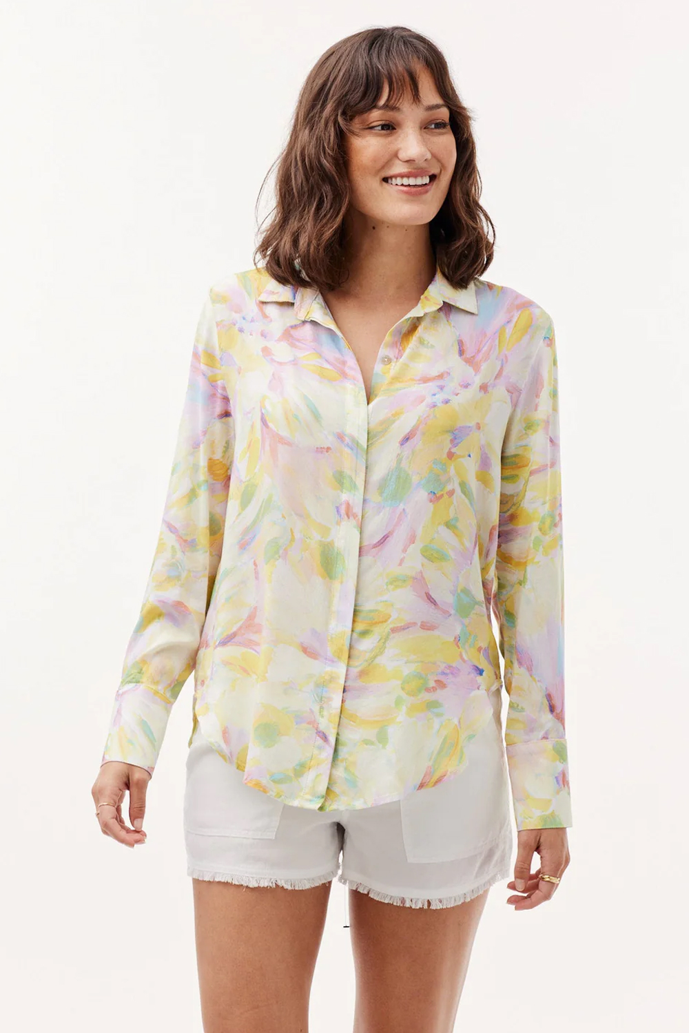 SUNBEAM BLOOM PRINT HIDDEN PLACKET BUTTON DOWN SHIRT