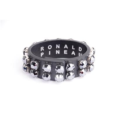 BRACELET LARGE CUIR NOIR DOUBLE RANG CRISTAL NOIR MIROIR