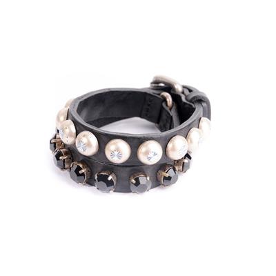 DOUBLE BRACELET CUIR NOIR KLOU DIAMANT +CRISTAUX NOIR MIROIR